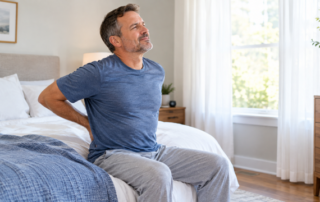 Man gently stretching his back after waking with back stiffness
